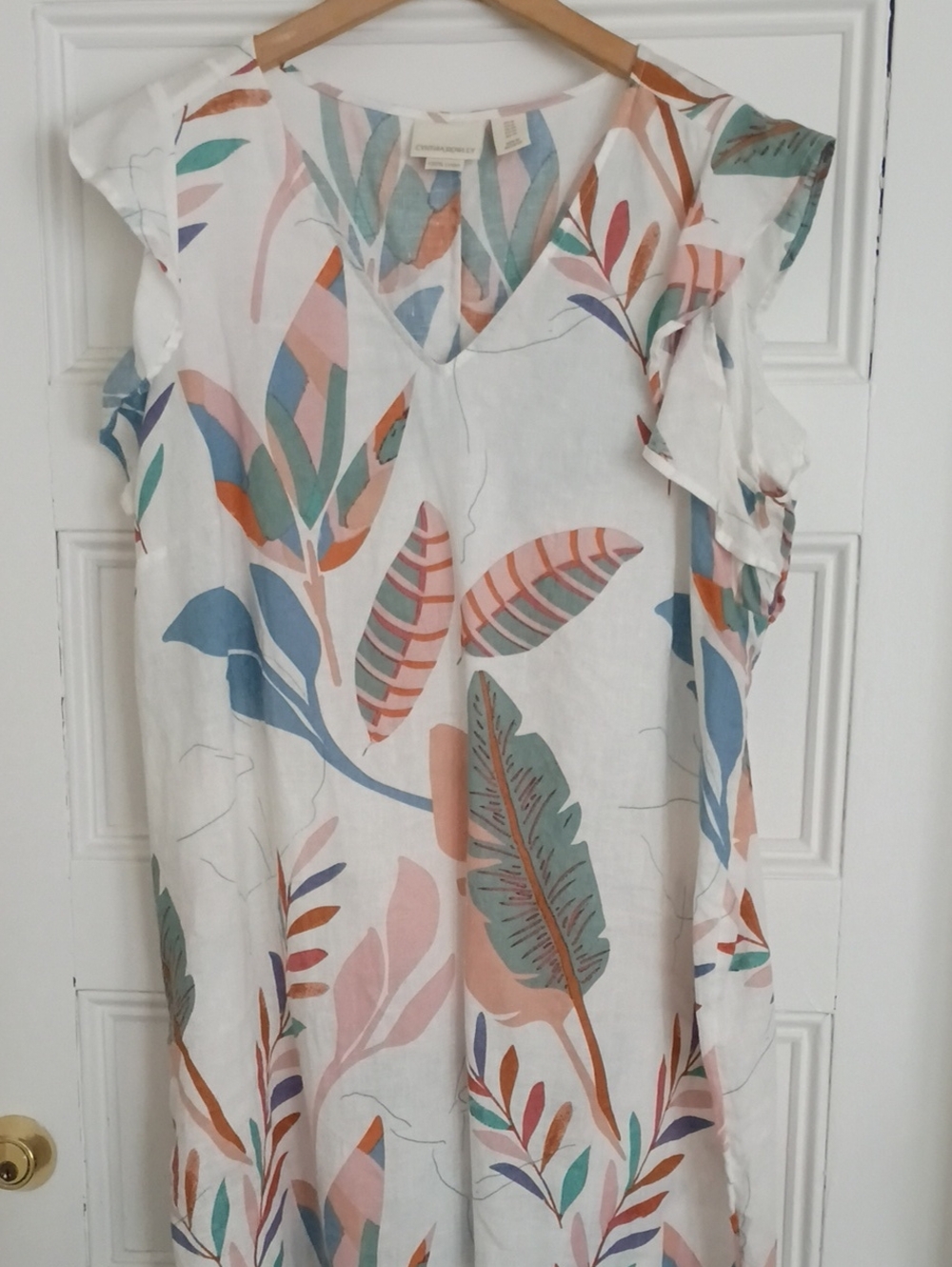 Cynthia Rowley Linen White Shift with Pastel Leaf Print Size 1x